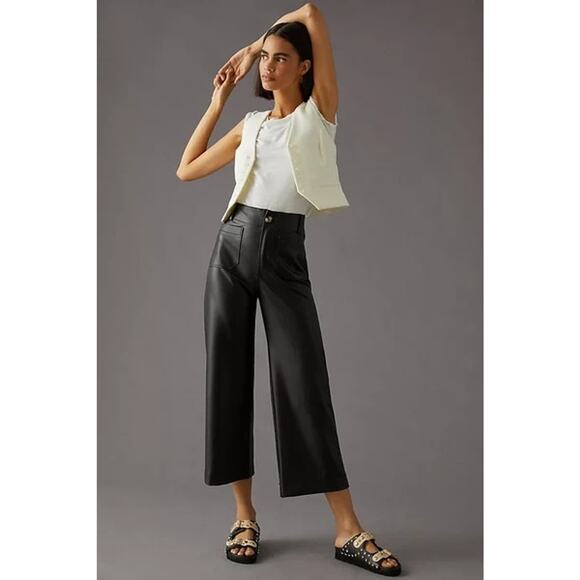 NWT Maeve The Colette Cropped Wide-Leg Faux Leather Pants Sz 25P Black #7D504 - Picture 1 of 11